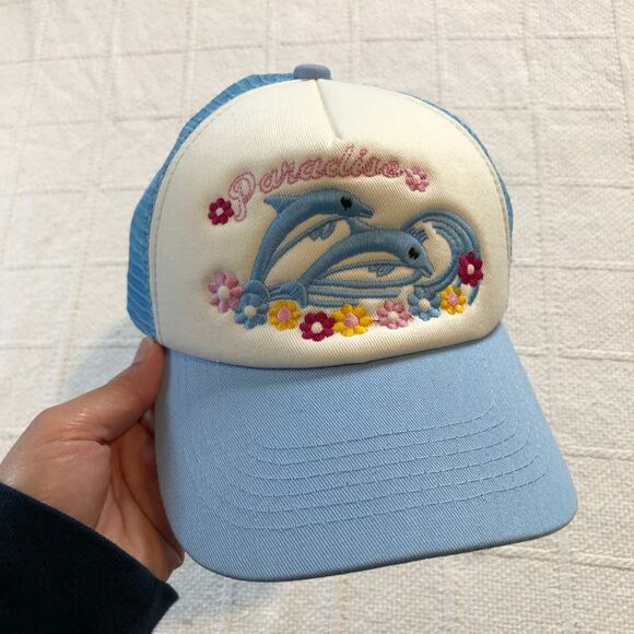 Dolphin Trucker Hat Paradise Embroidered Cap Blue White O/S Retro Kawaii Coastal - Picture 2 of 8